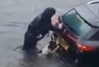 Viral: perrito ayuda a su dueño a empujar su auto en medio de una inundación