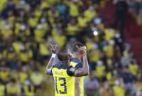 Énner Valencia celebra un gol en estadio Monumental, durante el cotejo ante Bolivia